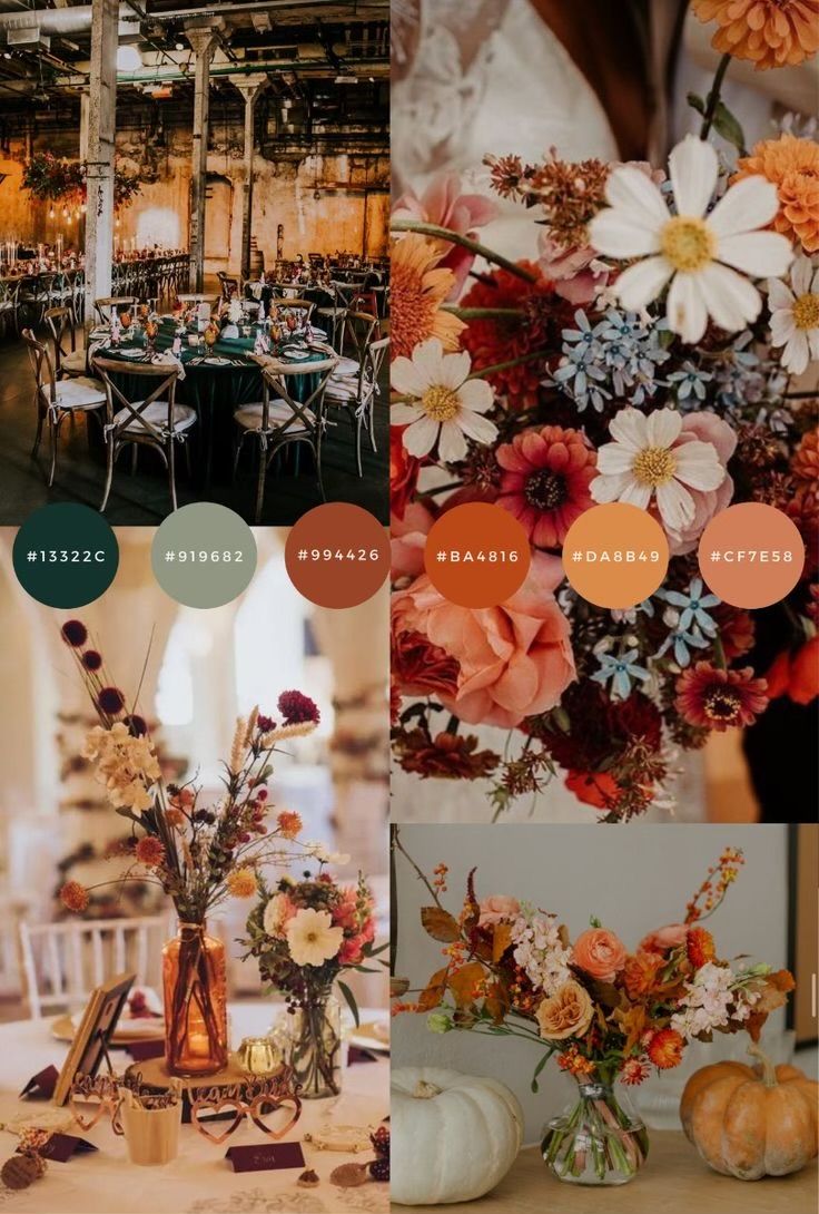 a collage of photos with flowers and pumpkins