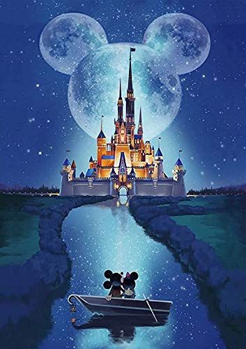 mickey and minnie mouse on a boat in front of a castle with the moon behind them