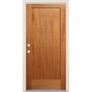 a wooden door with two knobs on the front and side panels, against a white background