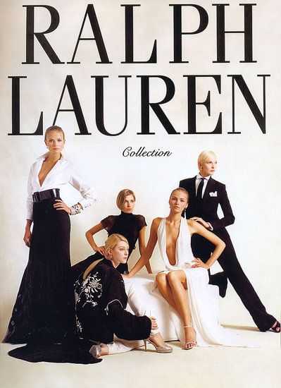 an advertisement for ralph lauren's collection featuring models in evening gowns and high heels