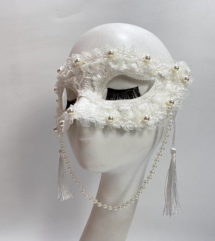 Pearl mask,White lace mask,tassel mask,Masquerade party mask,Beautiful mask,Court ball party,Dance mask,carnival masks,creative mask. Size: Adult size  Made of high-quality mild materials, comfortable to wear Usage scene: Halloween Carnival Party Mask,Christmas party, family party,Stage show, character playing,Clothing matching,cosplay, bar entertainment, carnival, festival ball party, birthday party, wedding party, costume ball, New Year party,live broadcast,school party，music festival, etc All Elegant Eye Mask For Theater, Elegant Theater Eye Mask, Elegant Full Face Masquerade Mask For Carnival, White Full Face Mask For Masquerade, White Eye Mask For Wedding, White Wedding Eye Mask, Carnival Party Full Face Mask, Adjustable Masquerade Mask For Wedding Carnival, White Venetian Masquerade Mask For Wedding