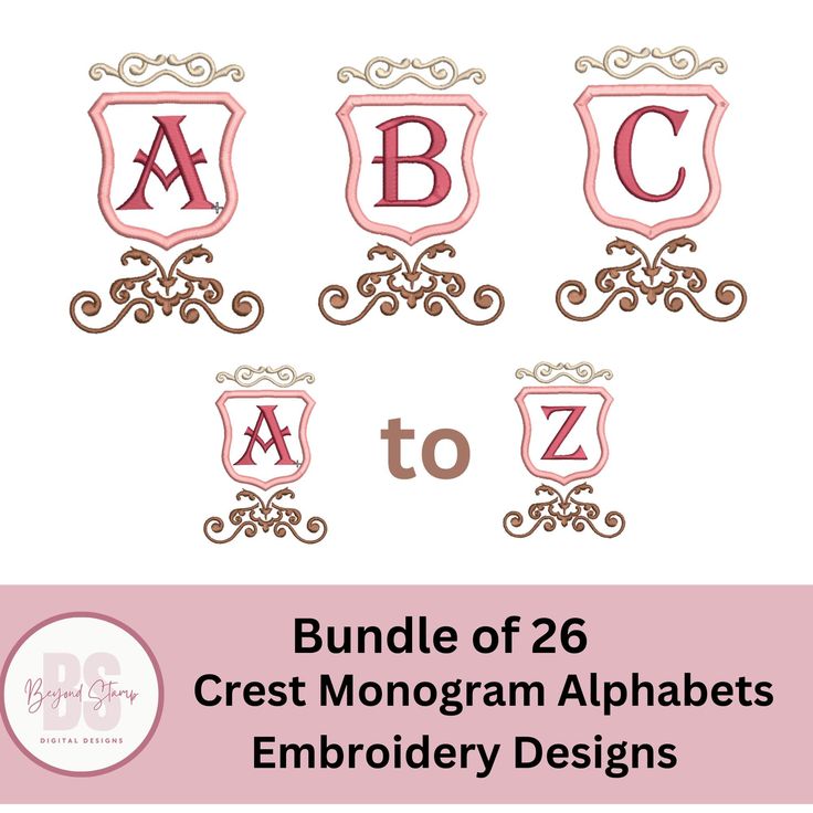 the alphabets and numbers are shown in pink, brown, and white with an ornate border