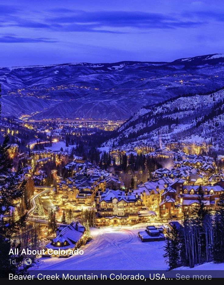 an aerial view of beaver creek mountain in colorado, usa at night with snow on the ground