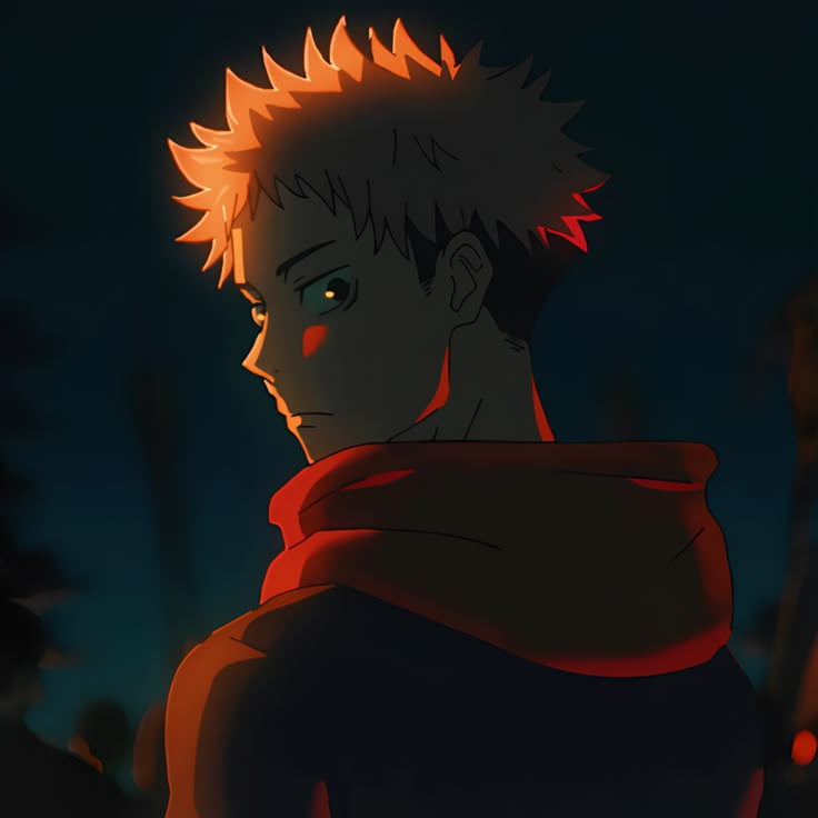 an animated image of a young man with spiked hair looking at something in the distance