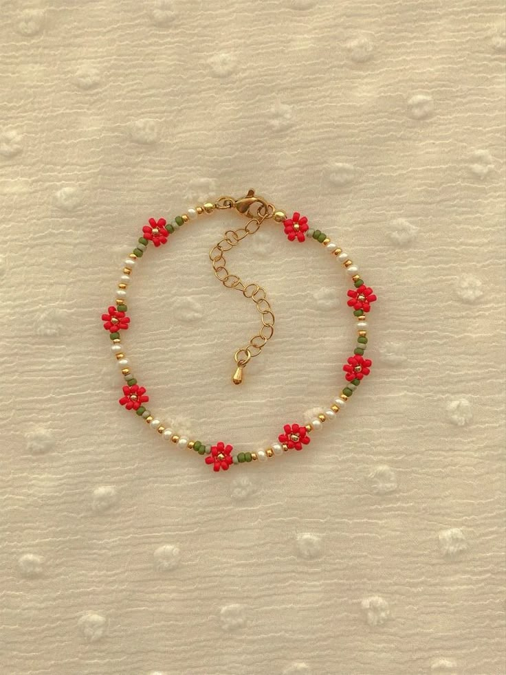 Eleanor Bracelet Delicate Poinsettia Flower Bracelet Dainty Seed Bead Bracelet Handmade Beaded Bracelet Gold Filled Jewelry - Etsy Red Seed Bead Jewelry, Cherry Seed Bead Bracelet, Bracelets With Seed Beads, Red Seed Bead Bracelet, Red Beads Bracelet, Christmas Seed Bead Bracelets, Bead Pattern Ideas, Homemade Bracelets With Beads, Cute Seed Bead Bracelets