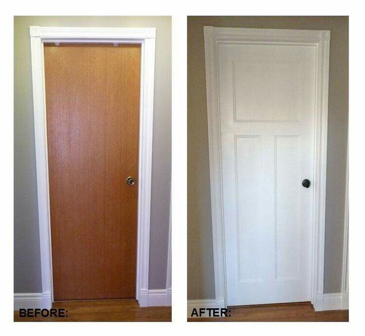 before and after pictures of a door being painted white with woodgrain on the bottom