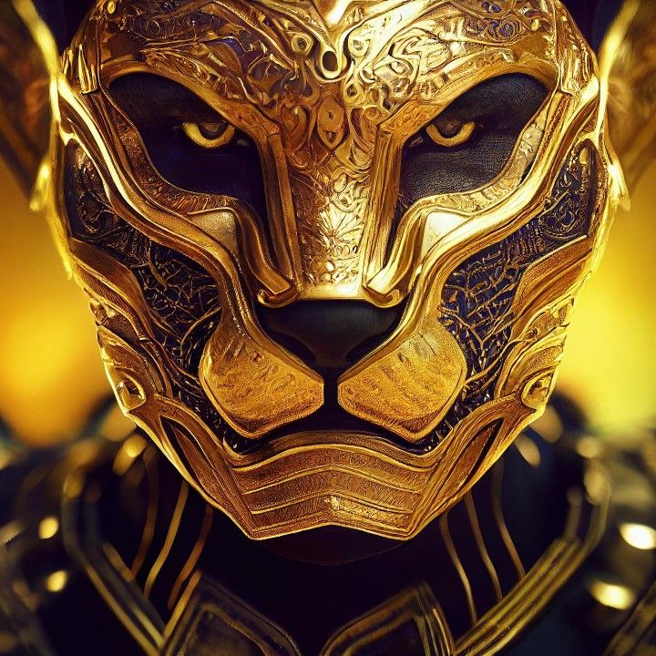 a close up of a gold mask with an animal's face