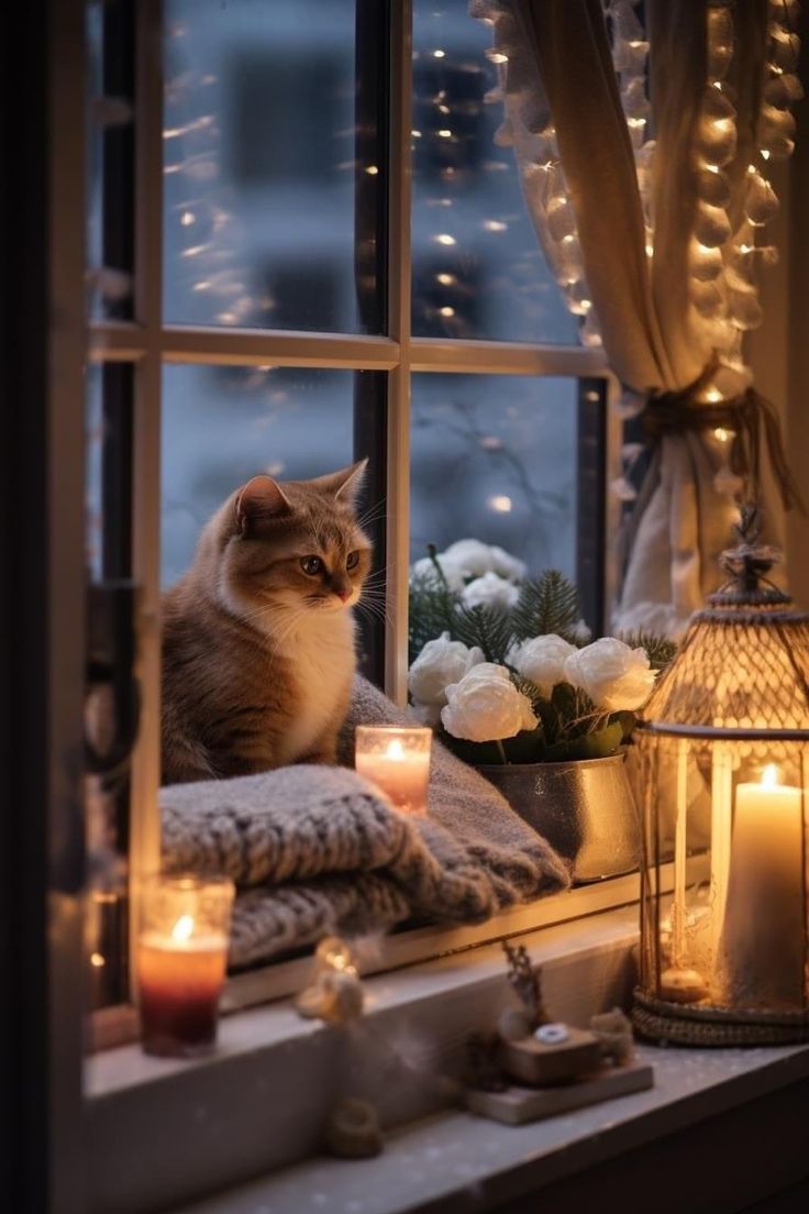 a cat sitting on top of a window sill next to candles