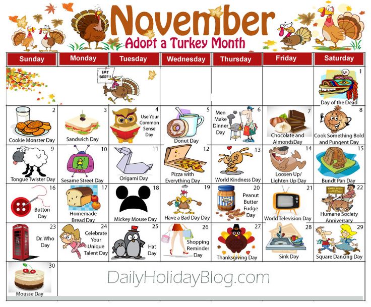 a november calendar with cartoon animals and other things to do in the holiday season on it