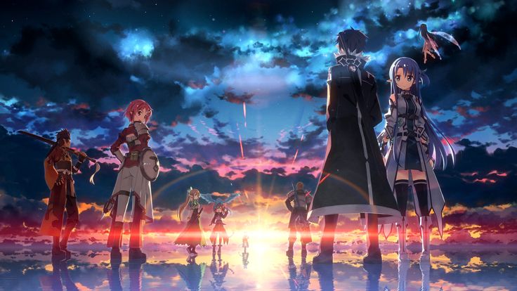 anime characters standing in front of the sunset