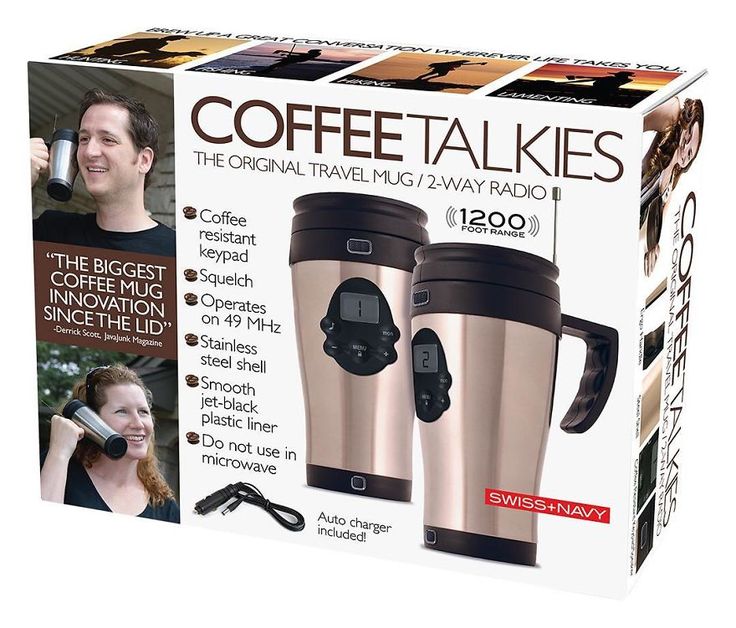 the coffee talkies travel mug is in its box