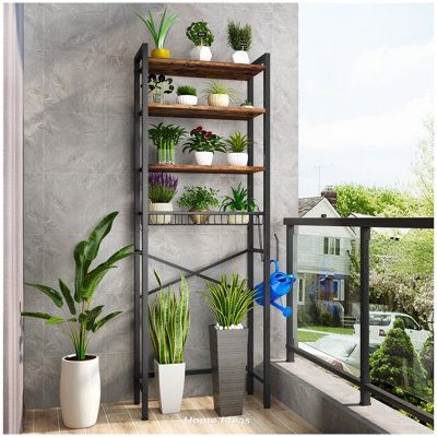 there are many potted plants on the shelves