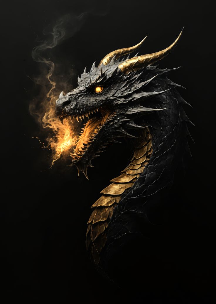 a black and gold dragon with yellow eyes on it's head, in the dark