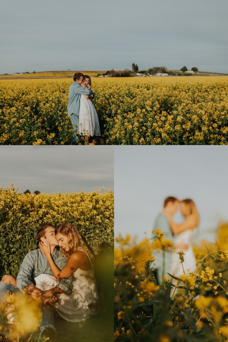 a couple kissing in a field of yellow flowers