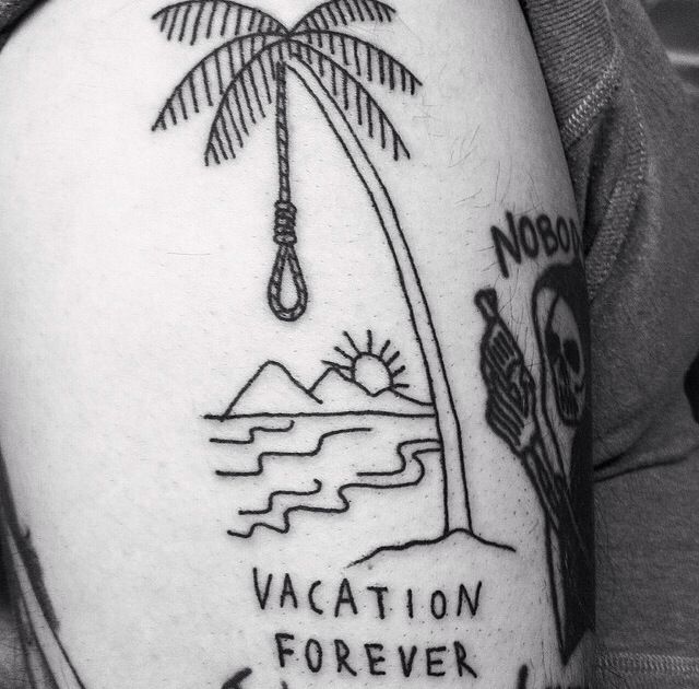 a black and white photo of a palm tree with the words vacation forever on it