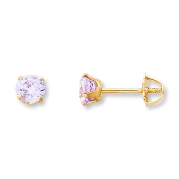 A round light purple cubic zirconia shines in each of these children's stud earrings, styled in 14K yellow gold. Perfect for a June birthday, the earrings secure with screw backs. Kid Earrings, Gold Stock, Jewelry Education, June Birthday, February Birthday, Jewelry Advice, Round Light, Earrings Purple, Purple Stones