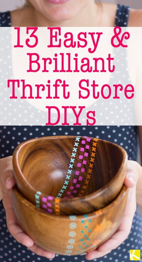 a woman holding a wooden bowl filled with different colored ribbons and text that reads, 15 easy & brilliant thrift store diys