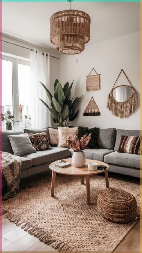 a living room filled with lots of furniture and plants on top of a rug in front of a window