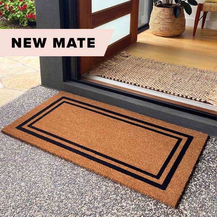 a door mat with the words new mate on it and an image of a potted plant