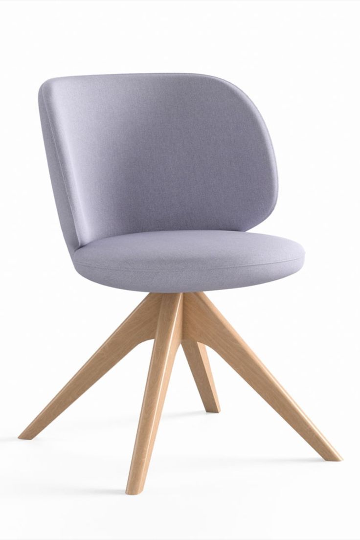 an upholstered grey chair with wooden legs