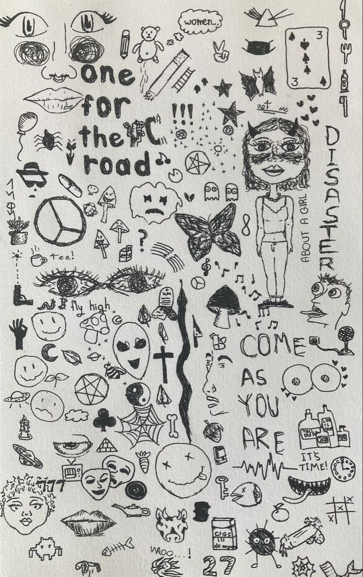 a drawing on paper with words and symbols in black, white and grey colors that read one for the road