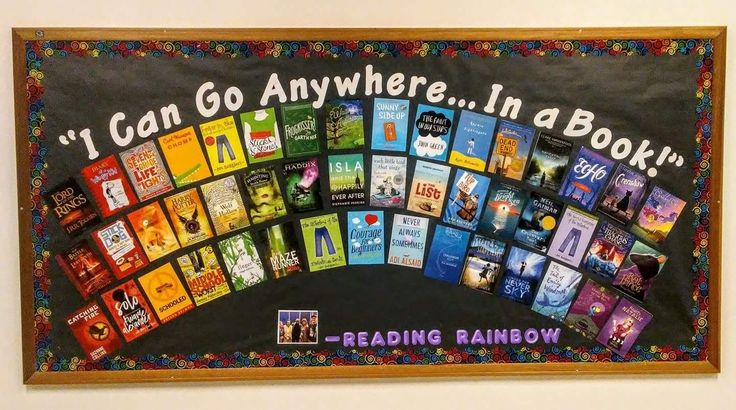 a bulletin board with many books on it and the words i can go anywhere in a book