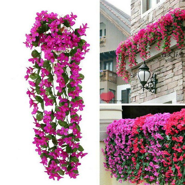 Artificial Violet Hanging Flowers Vines Plants Home Garden Indoor Outdoor Decor Balcony Wall, Plant Room Ideas, Artificial Hanging Plants, Artificial Plant Wall, Hanging Plant Wall, Artificial Plants Outdoor, Hanging Vines, Plant Room, Doors Makeover