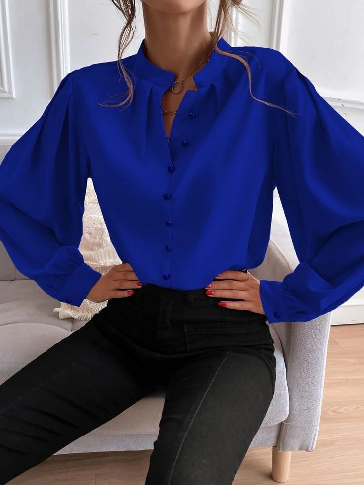 Stand Collar Blouse, Women Bodycon Dress, Puff Long Sleeves, Loose Shirts, Pullover Shirt, Collar Blouse, Inspiration Mode, Blue Shirt, Black Pants