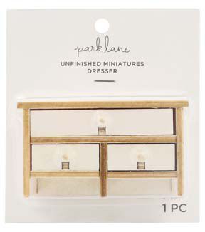 an unfinished miniature dresser with glass doors and drawers on the bottom, in front of a white background