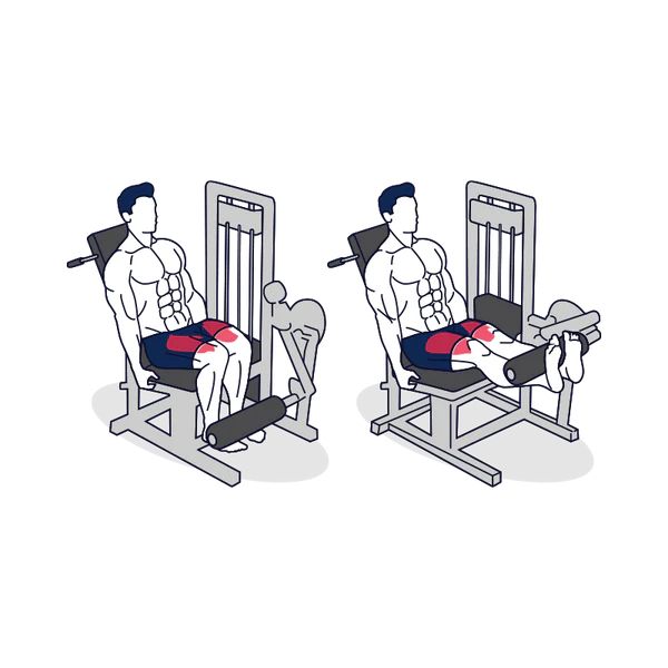 the leg extensions 2 x 15 are shown in two different positions, with one sitting on