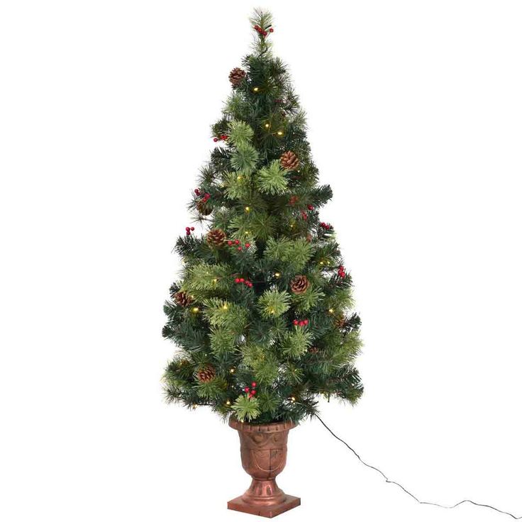 a potted christmas tree with lights and pine cones on the top, in front of a white background