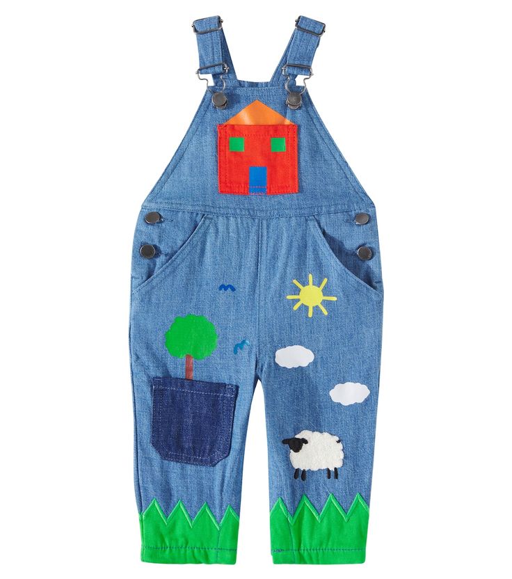 Baby printed denim overalls in blue - Stella Mc Cartney Kids | Mytheresa Playful Cotton Jeans For Spring, Playful Spring Cotton Jeans, Cotton Medium Wash Shortalls Overalls, Cotton Medium Wash Shortalls, Medium Wash Cotton Overall Shortalls, Spring Cotton Shortalls With Bib Front, Playful Cotton Overalls For Spring, Playful Overalls With Bib Front And Pockets, Playful Bib Front Overalls With Pockets