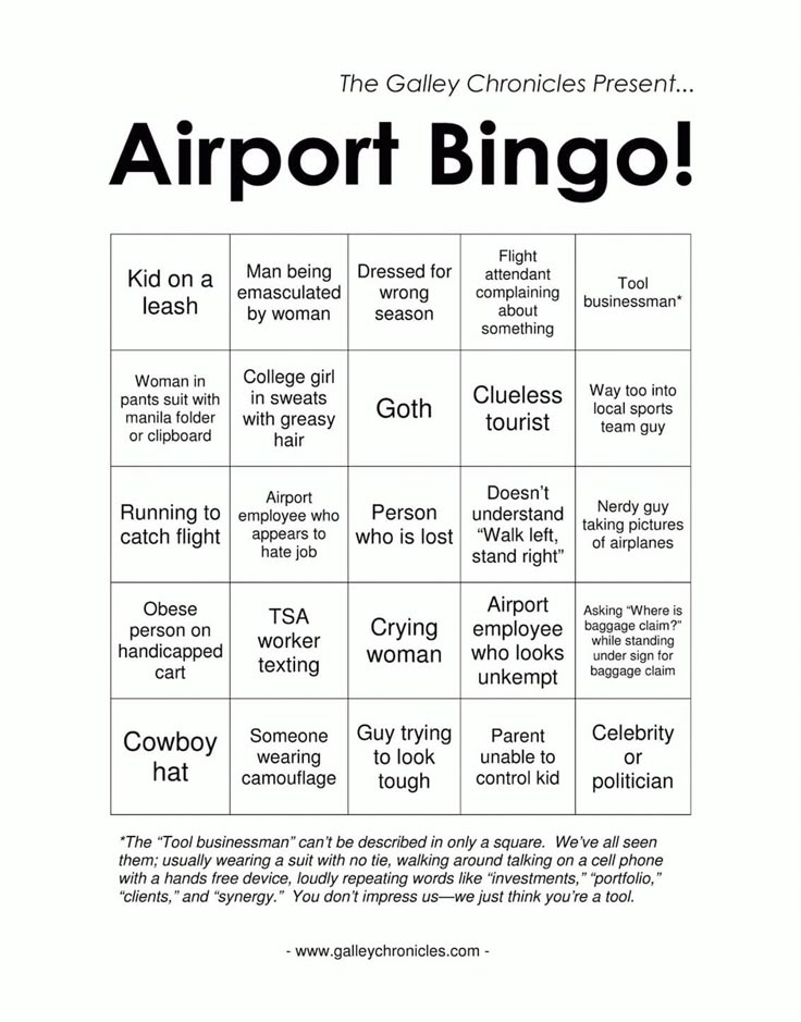 a printable airport bingo game with words and pictures on the front, in black and white