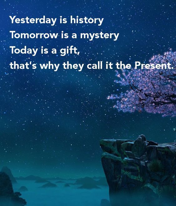 a tree with purple flowers in front of a sky filled with stars and the words tomorrow is a mystery today is a gift, that's why they call it the present