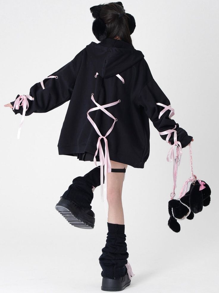 ❤︎Backside Lace-up Over Hooded Hoodie�❤︎ This item will take 1 week to ship. Hood Up Outfit, Preppy Tops, Lace Hoodie, Black Hood, Kawaii Fashion Outfits, Fashion Wishlist, Lace Collar, Zipper Jacket, Oversize Hoodie