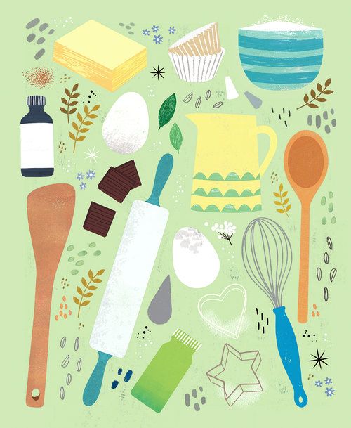 an illustration of kitchen utensils and baking supplies