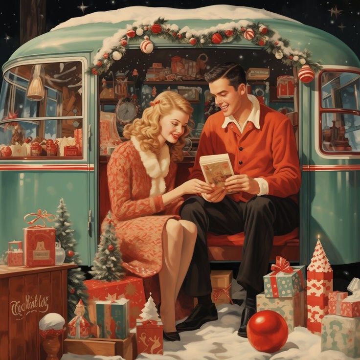 a painting of a man and woman sitting on a bus