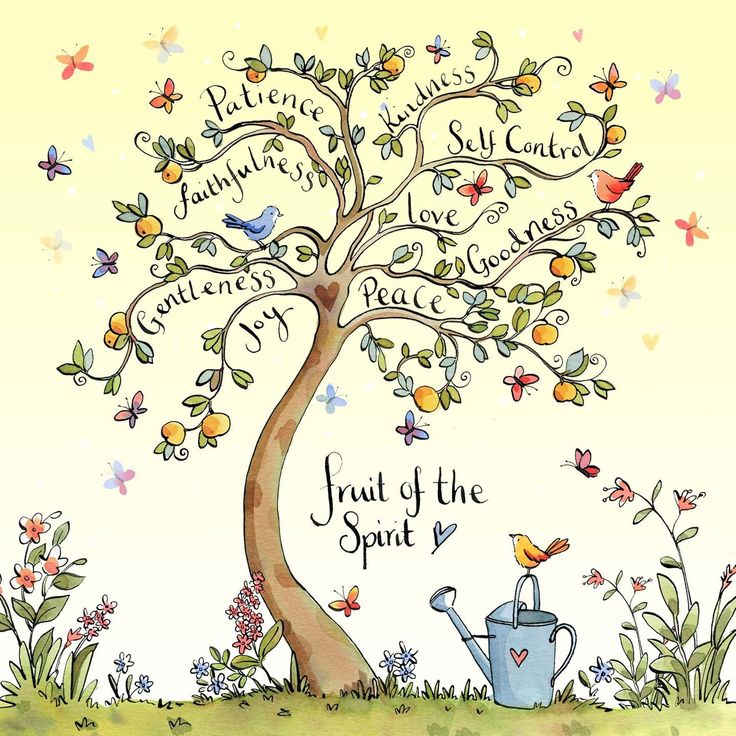 a tree with birds and butterflies on it that says, fruit of the spirit is