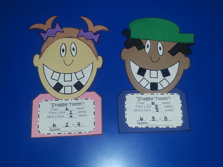 two paper cutouts depicting the faces of children with numbers on them, one is smiling and the other has a green hat