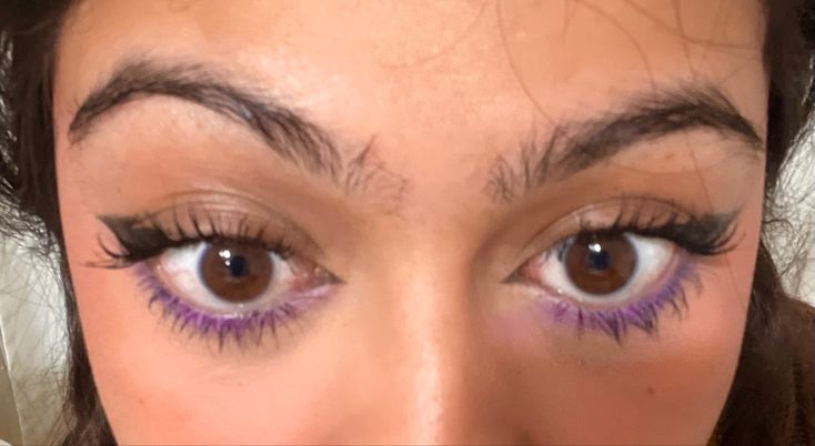 Simple Eyeliner Colorful, Purple Eyeliner For Brown Eyes, Purple Makeup Looks Brown Eyes, Brown Eyes Purple Eyeliner, Colorful Eyeliner Brown Eyes, Simple Purple Eyeliner Looks, Purple Waterline Eyeliner, Purple Makeup Natural, Purple Simple Eye Makeup