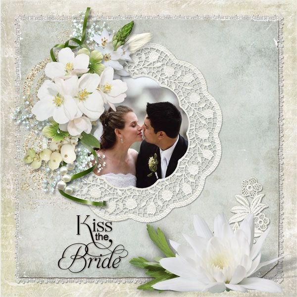 a bride and groom kissing in front of a white flowered frame with the words kiss my bride on it