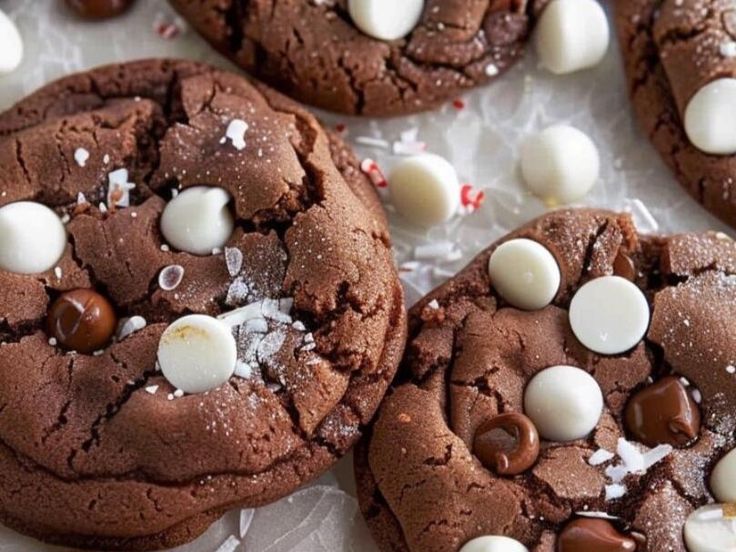 several chocolate cookies with white and brown candies