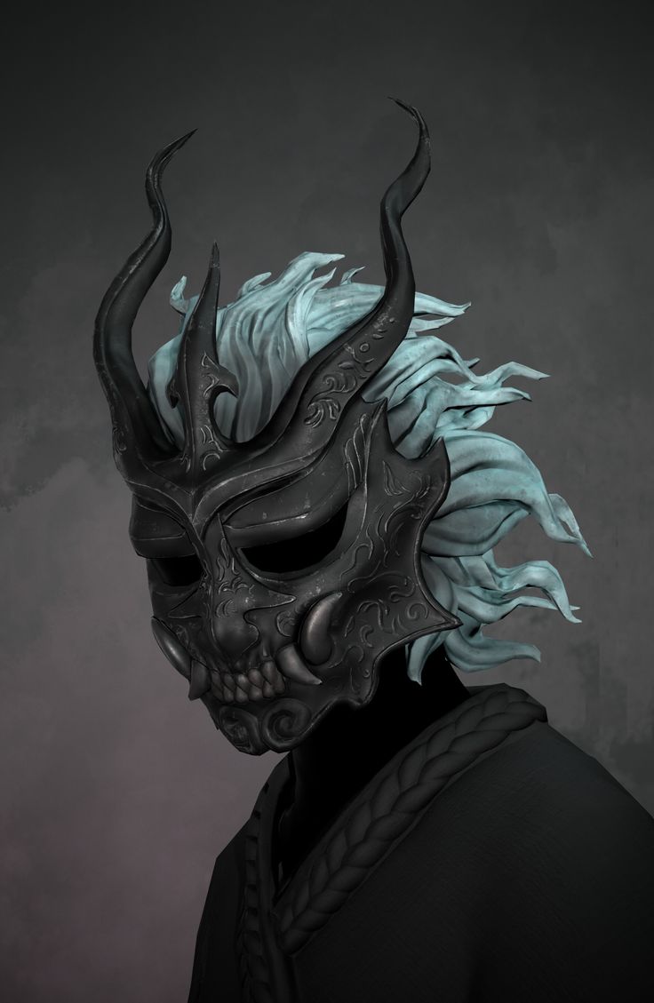 a man wearing a mask with horns on it's head and hair in the shape of a demon