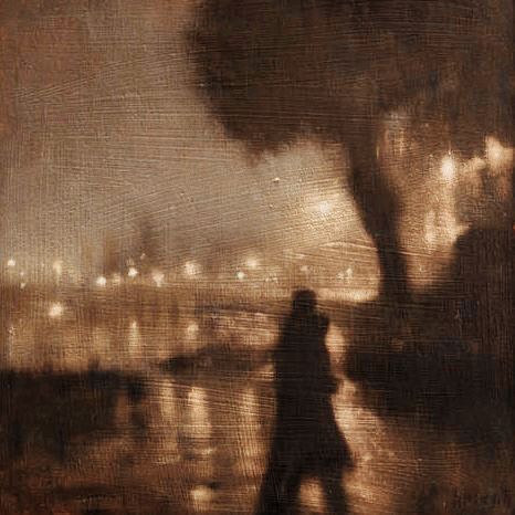 a painting of a person walking in the rain