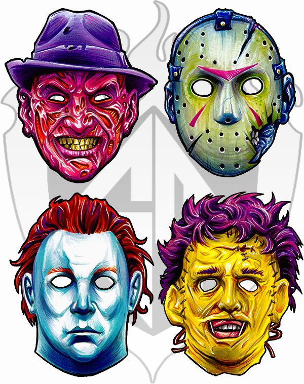 four masks with different colored faces on them