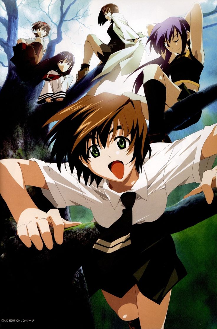 an anime character with her arms out in front of the camera and two other characters behind her