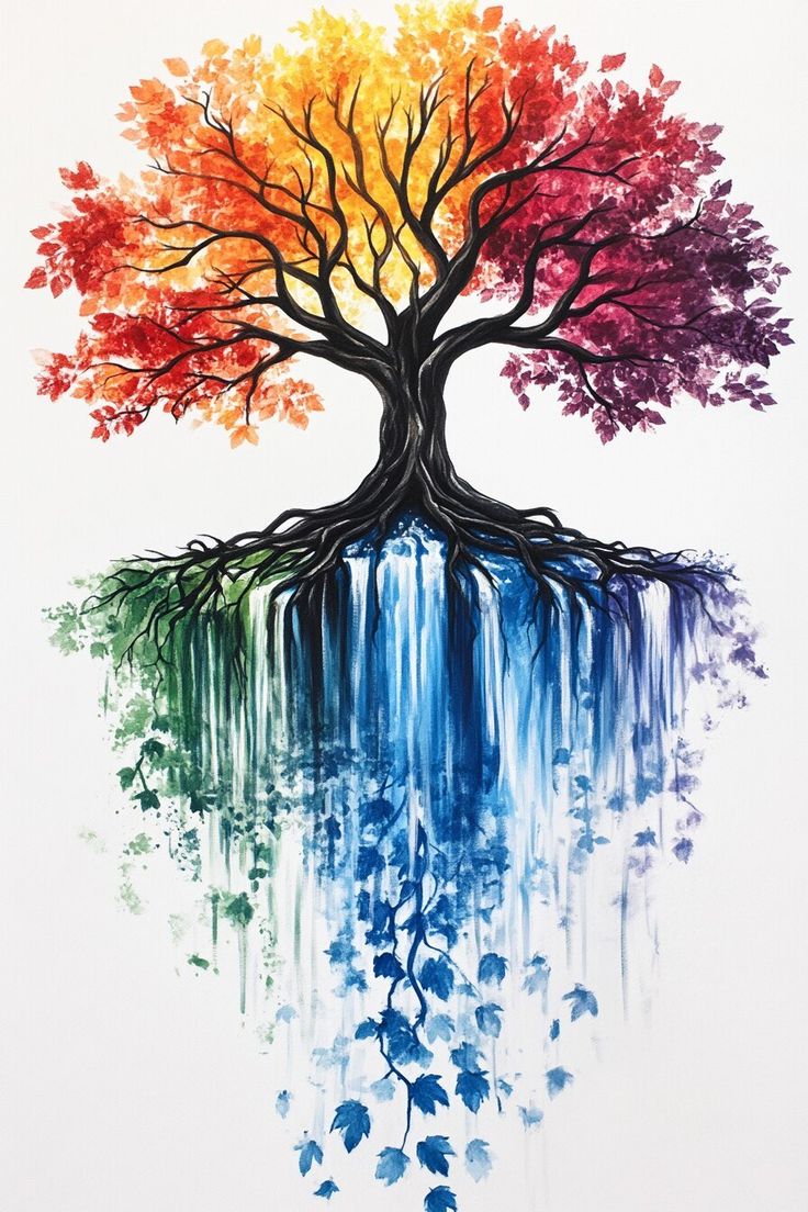 a painting of a tree with colorful leaves and water dripping from it's roots