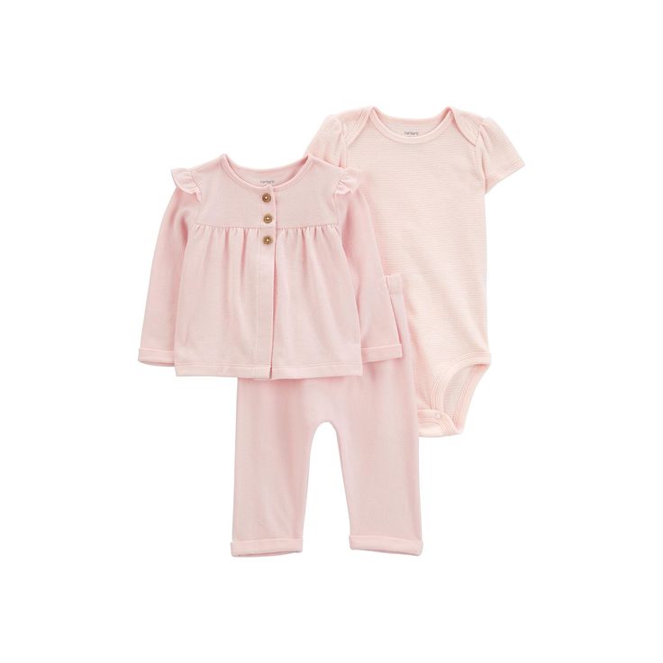 Style your little one in this baby girl Carter's 3-piece pink cardigan, bodysuit and pants set. Click on this BABY ESSENTIALS & APPAREL GUIDE to find everything you need to keep your baby healthy and happy!Style your little one in this baby girl Carter's 3-piece pink cardigan, bodysuit and pants set. Click on the BABY PRODUCTS & CLOTHES GUIDE to find everything you need to keep your baby healthy and happy!FEATURES 3-piece set includes: cardigan, bodysuit & pants Cardigan: button front, long slee Clothes Guide, Baby Pink Clothes, Carters Size Chart, Pink Clothes, Healthy And Happy, Pants Cotton, Carters Baby, Pink Cardigan, Pink Outfits