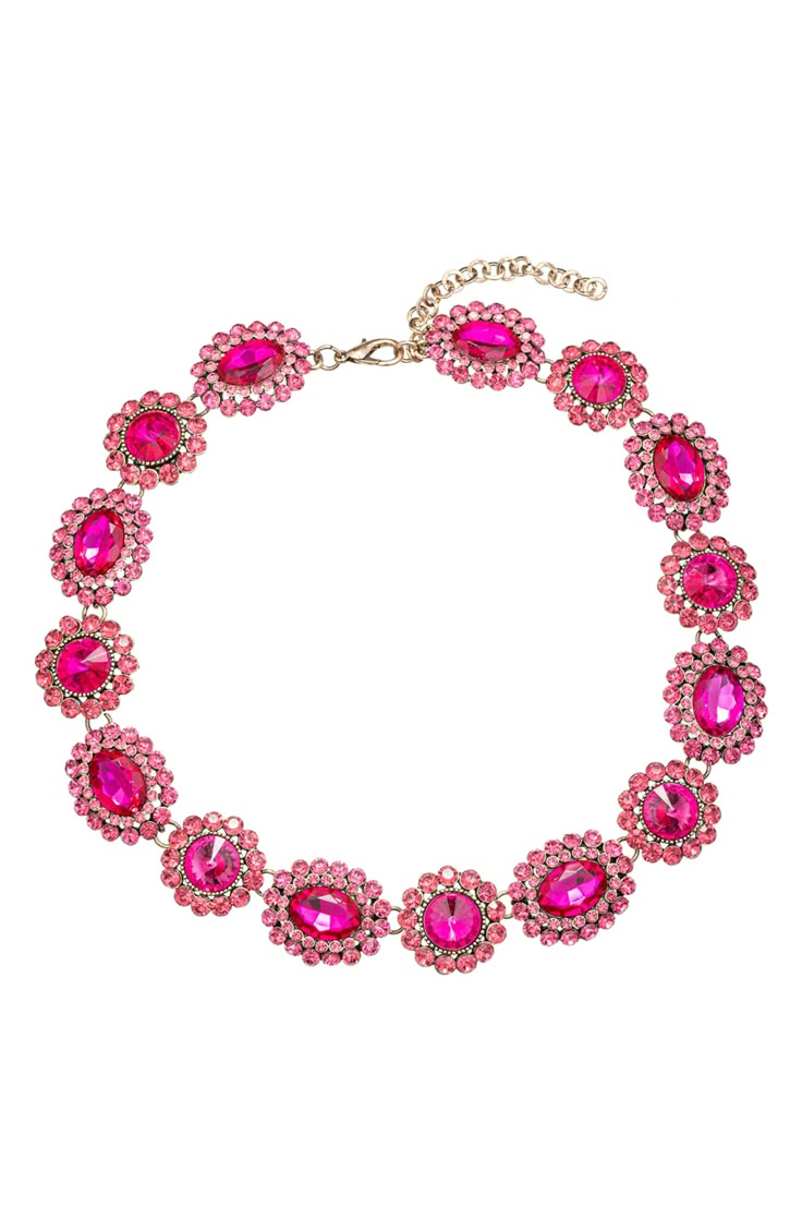 Hot pink crystals bring eye-catching sparkle to a glamorous collar necklace finished in gleaming goldtone plate. 10" length; 2" extender Lobster clasp closure Goldtone plate/glass Imported Hot Pink Necklace Jewelry, Colorful Choker Necklace, Diy Anniversary Gifts For Her, Alexandra Aesthetic, Orange Jewelry Set, Hot Pink Jewelry, Diy Anniversary Gifts, Luxury Birthday Gifts, Pink Statement Necklace