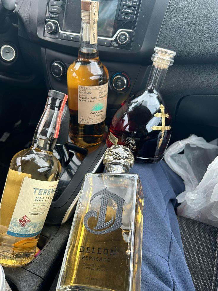 three bottles of alcohol sitting on top of a car seat